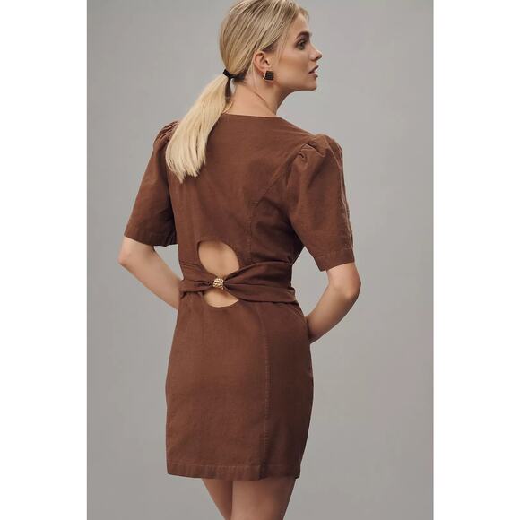 Anthropologie Maeve Puff Sleeve Brown Linen Back Cutout Mini Dress L - Picture 2 of 10